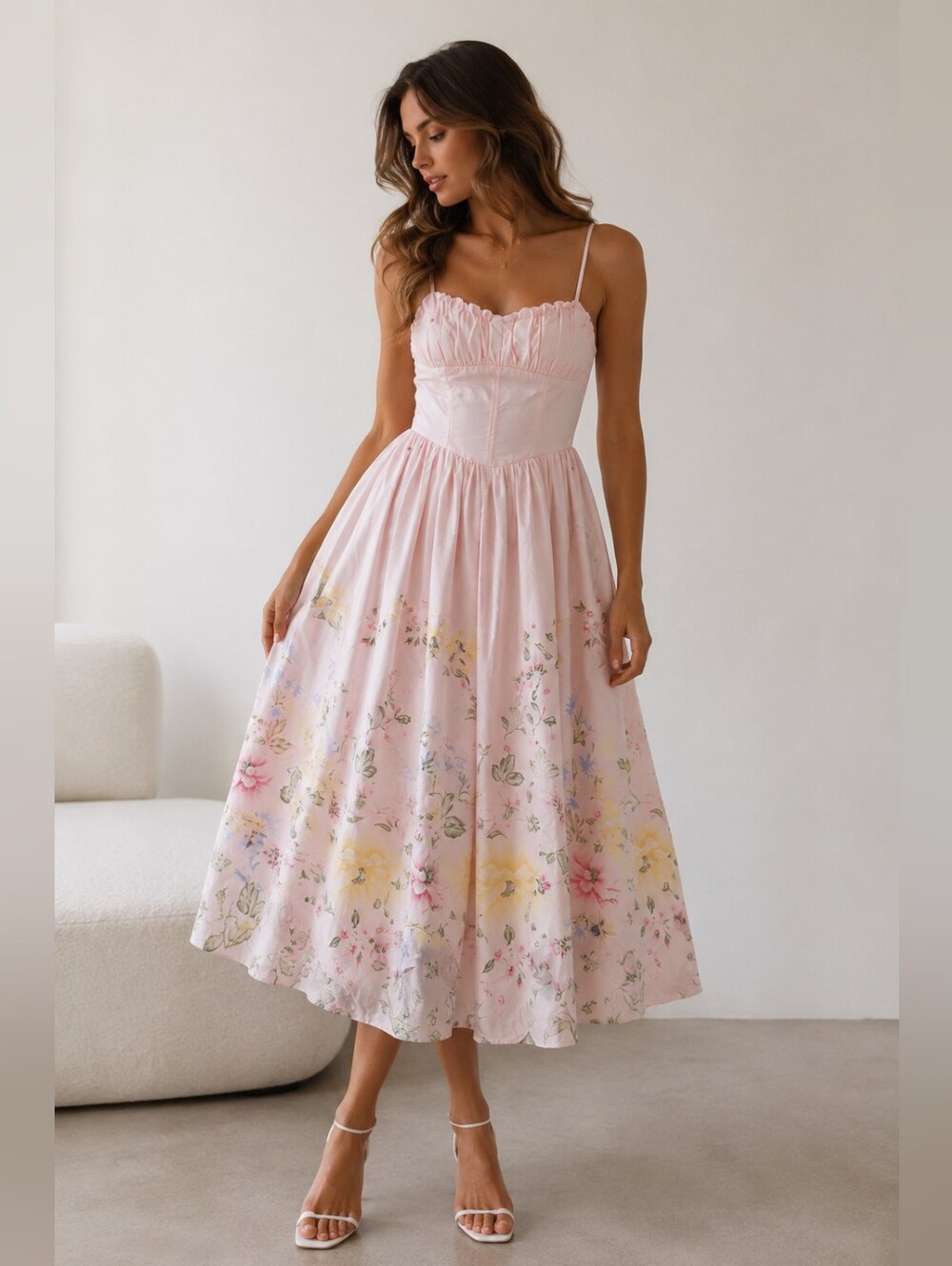 ROW A Blush Pink Floral Midi Dress with Spaghetti Straps Corset Size L Cotton